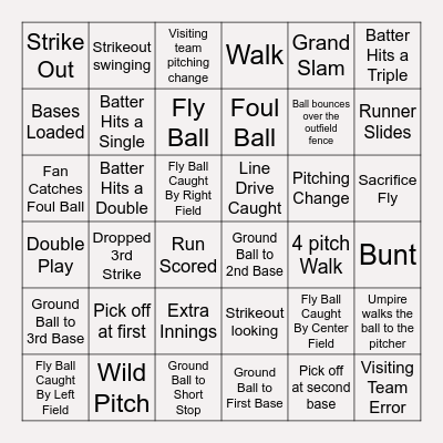 SSHS Panther Baseball Bingo Card