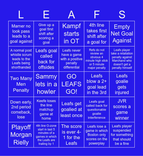 Maple Leafs Playoff Bingo Card