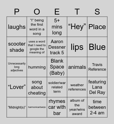 The Tortured Poets Department Bingo Card