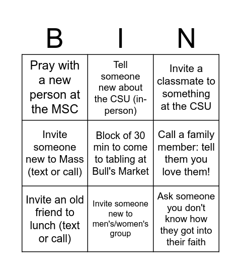 Mission Ready! Bingo Card