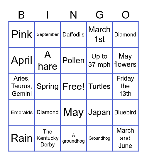 Spring Time Bingo Card