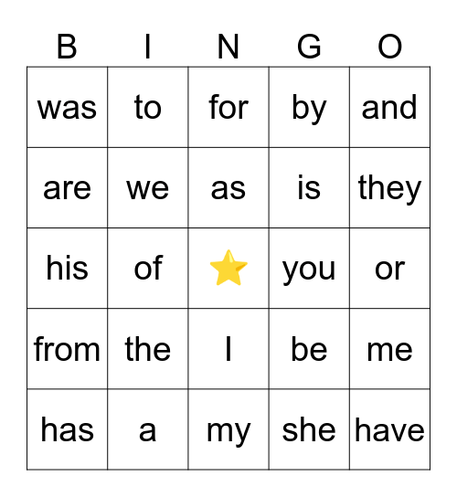 Trick Word Bingo Card