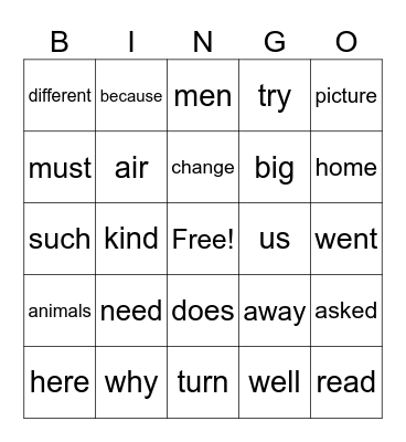 Sight Words Bingo Card