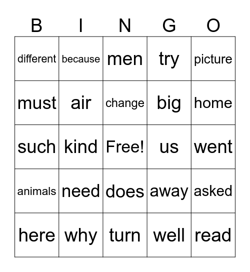 Sight Words Bingo Card