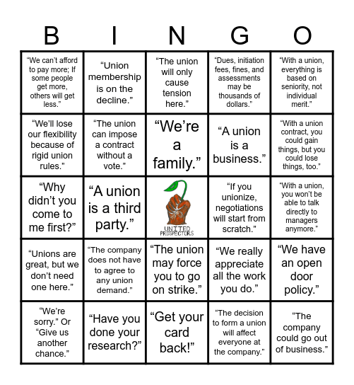 Anti-Union Bingo Card