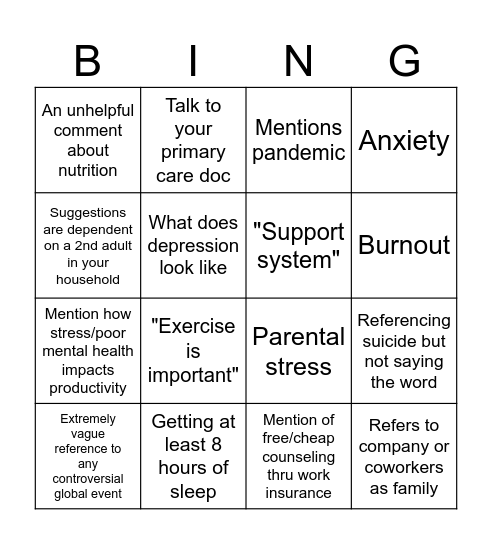 Corporate Mental Health Talk Bingo Card