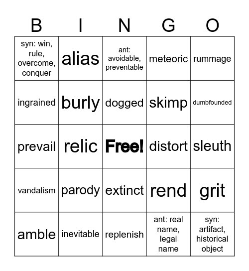 Vocabulary Unit 11 Bingo Card
