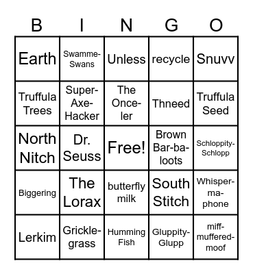 The Lorax Bingo Card