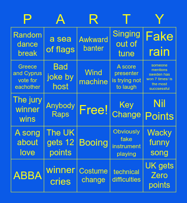 Eurovision 2024 Bingo Card