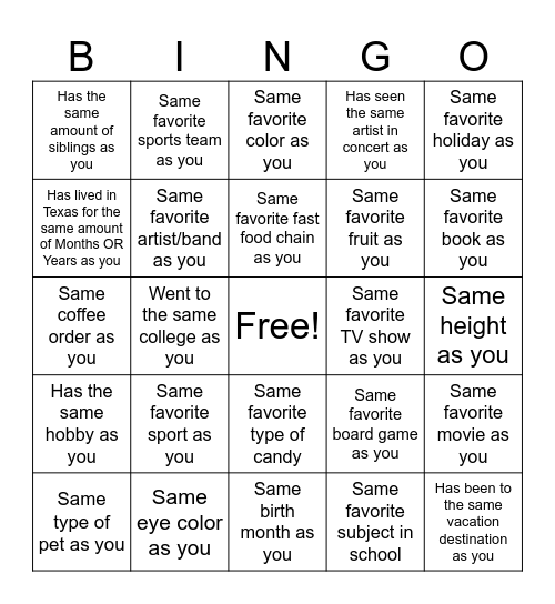 Personal Connections Bingo Card