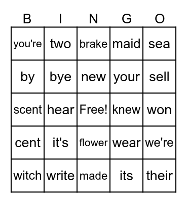 Homophones Bingo Card