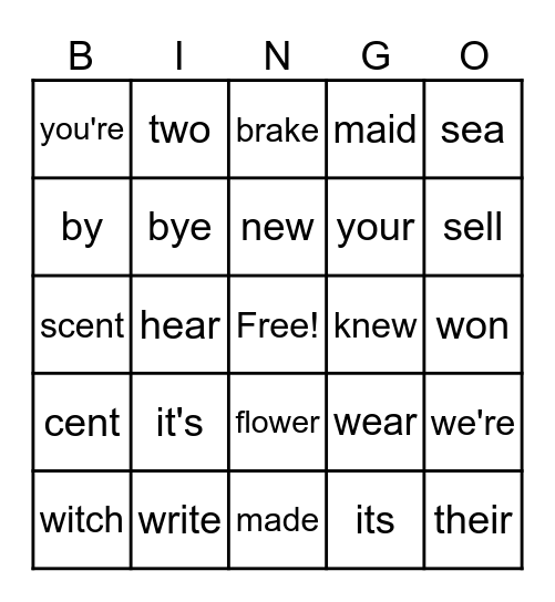 Homophones Bingo Card
