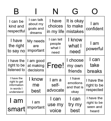 Self Advocacy Bingo Card