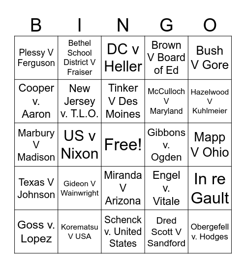 Supreme Court Cases Bingo Card