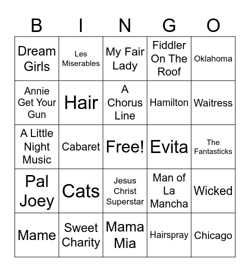 Broadway Musicals Bingo Card