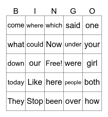 Site Word Bingo Card