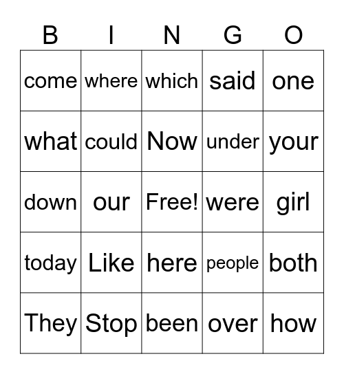 Site Word Bingo Card
