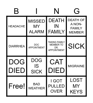 EXCUSE BINGO Card