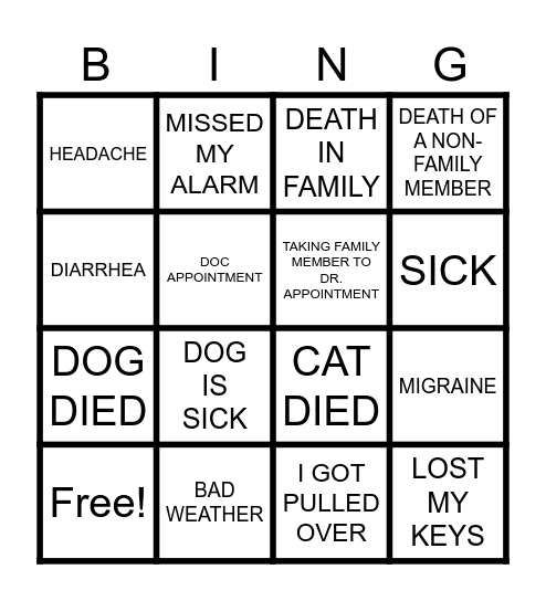 EXCUSE BINGO Card