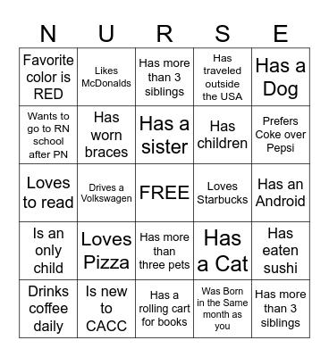 New Student- Nursing School Orientation Ice Breaker Bingo Card