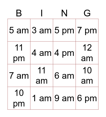 Time Bingo Card