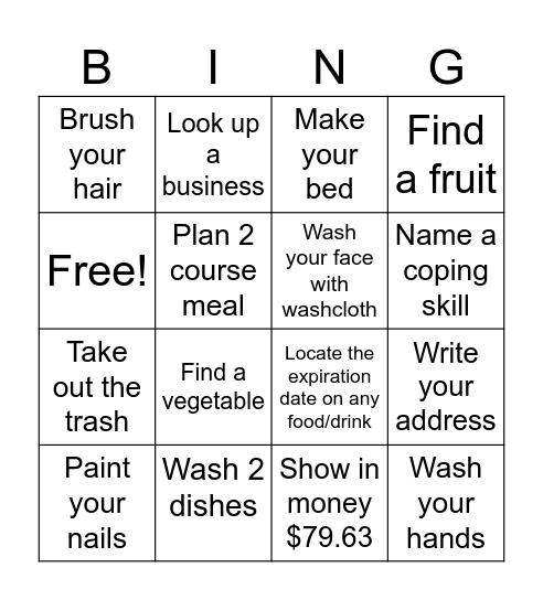 Life skills Bingo Card