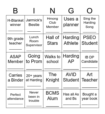 Harding Bingo Card