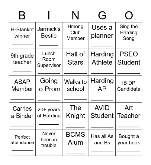Harding Bingo Card