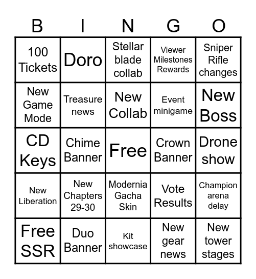 Nikke Livestream + Patch Day Bingo Card Bingo Card