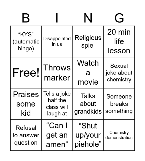 Parker’s class During the Week Bingo Card