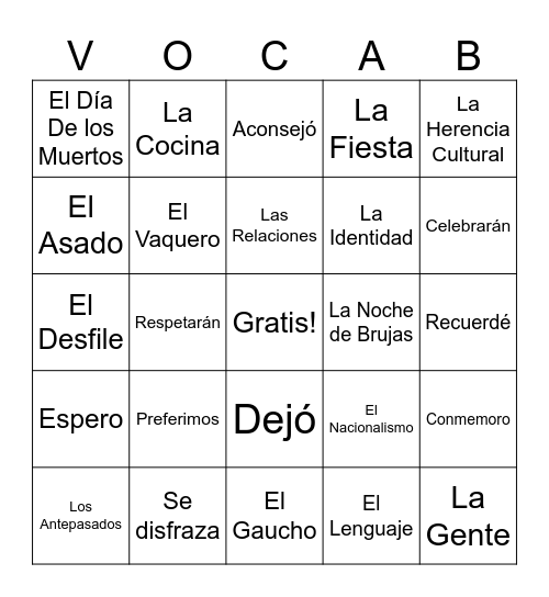 Unidad 4 Vocabulario Bingo Card