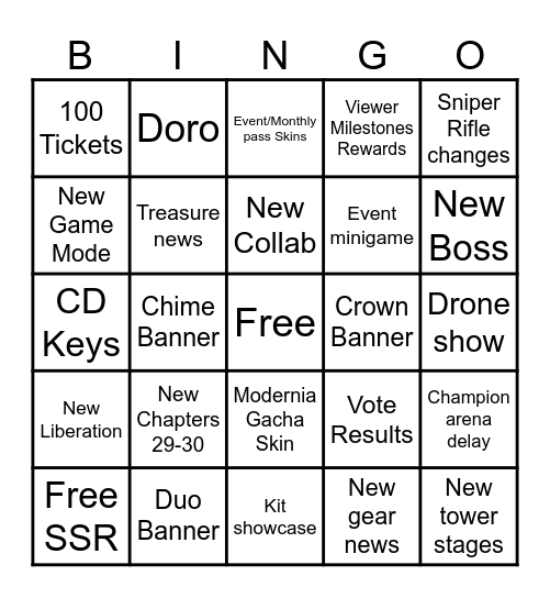 Nikke Livestream + Patch Day Bingo Card Bingo Card