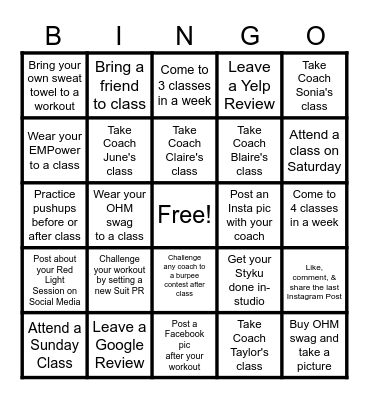 OHM Fitness Bingo Card