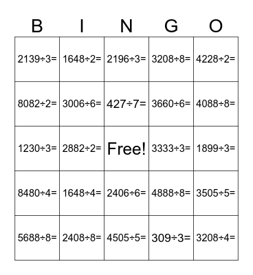 Even Division in all Digits BINGO Card