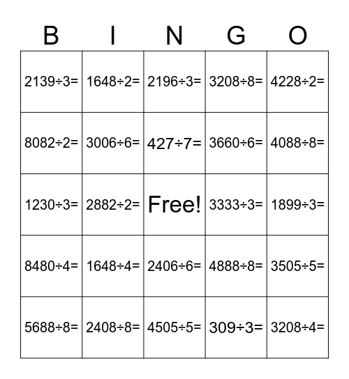 Even Division in all Digits BINGO Card