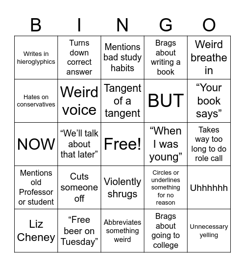 Schaefer Bingo Card