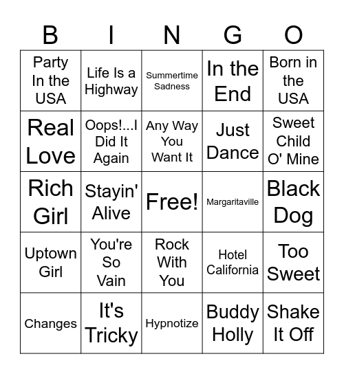 Greatest Hits Bingo #1 Bingo Card