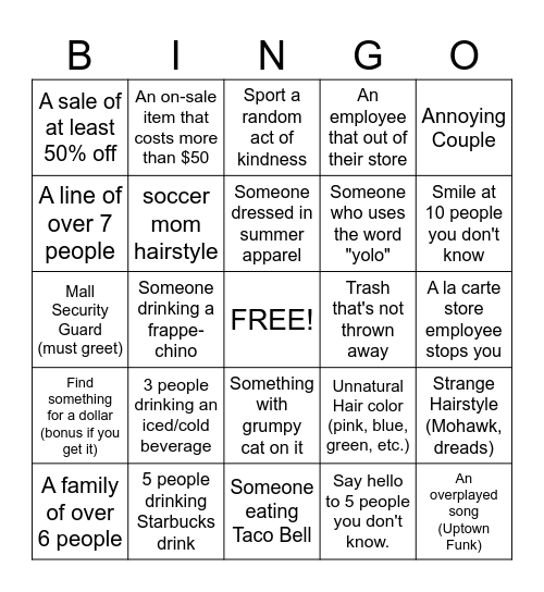 Mall Bingo Card