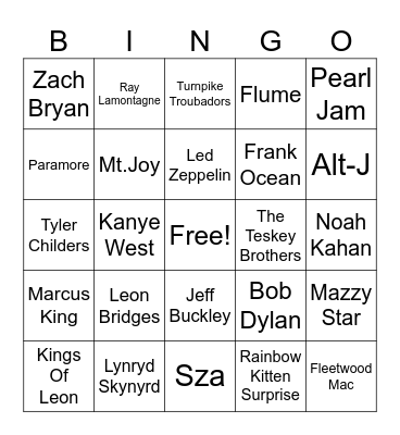 Grace's Favorite Songs- Guess the Artist Bingo Card