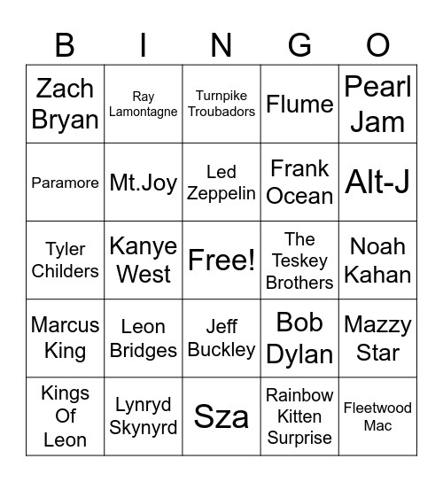 Grace's Favorite Songs- Guess the Artist Bingo Card