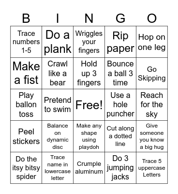 Fine/Gross Motor Bingo Card