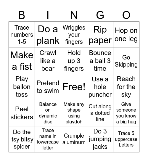 Fine/Gross Motor Bingo Card