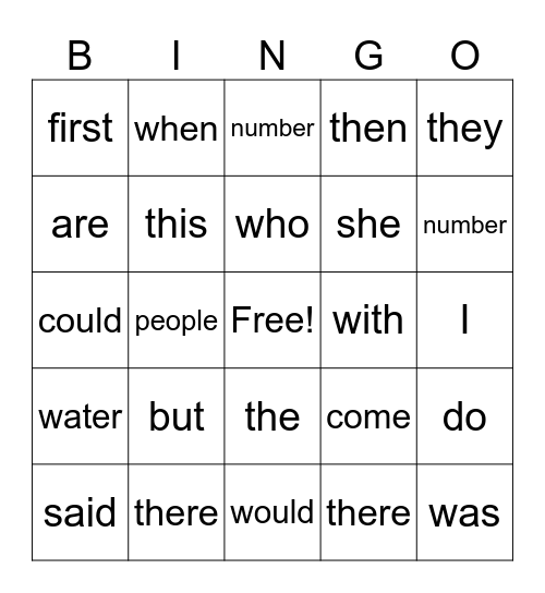 Frye Sight Word Bingo! Bingo Card