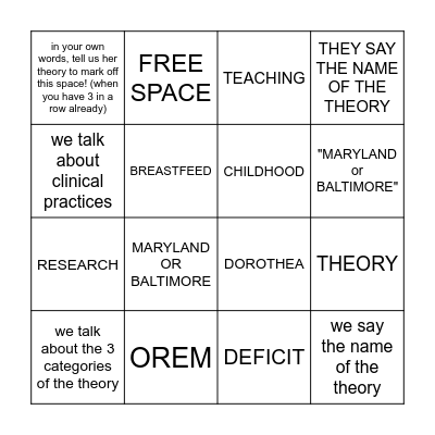 Dorothea Orem BINGO Card