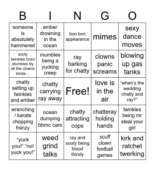 Clown Beach Day Bingo Card