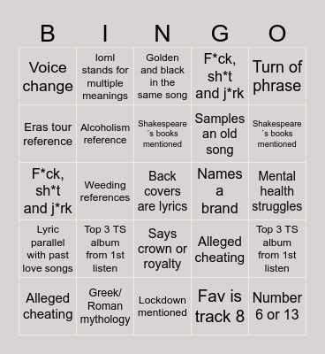 THE TORTURED POETS DEPARTMENT Bingo Card