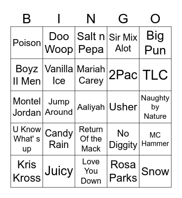 90's Hip Hop/ RnB Songs Bingo Card