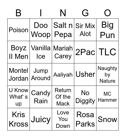 90's Hip Hop/ RnB Songs Bingo Card