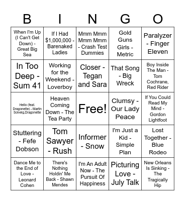 Jukebox Bingo: Canadian Artists Bingo Card