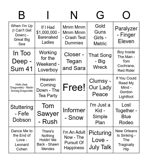 Jukebox Bingo: Canadian Artists Bingo Card